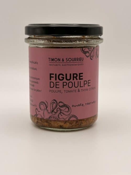 Bocal de tartinable artisanal Timon & Sourrieu « Figure de Poulpe », une recette à base de poulpe, tomate et thym citron, présenté sur fond blanc avec une étiquette rose.